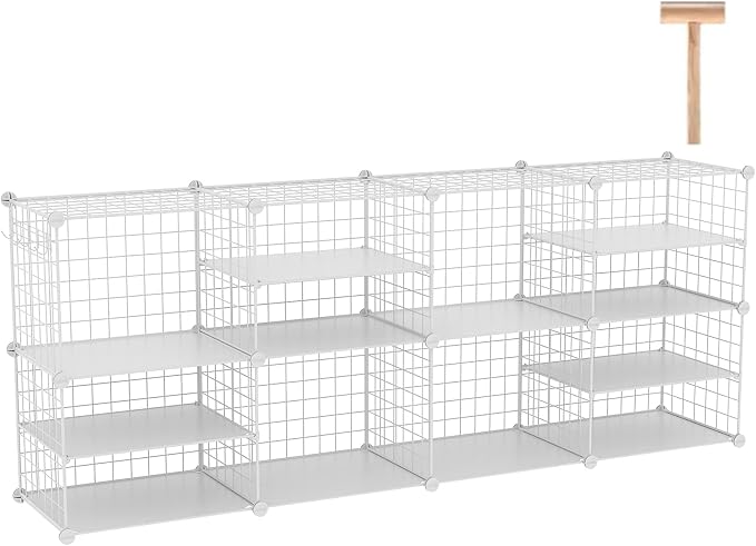 C&AHOME Wire Cube Storage Unit,Interlocking Metal Wire with Divider, White | Modular Cabinet with Plastic Panels Bookshelf Stackable Closet Organizer with Small Hooks