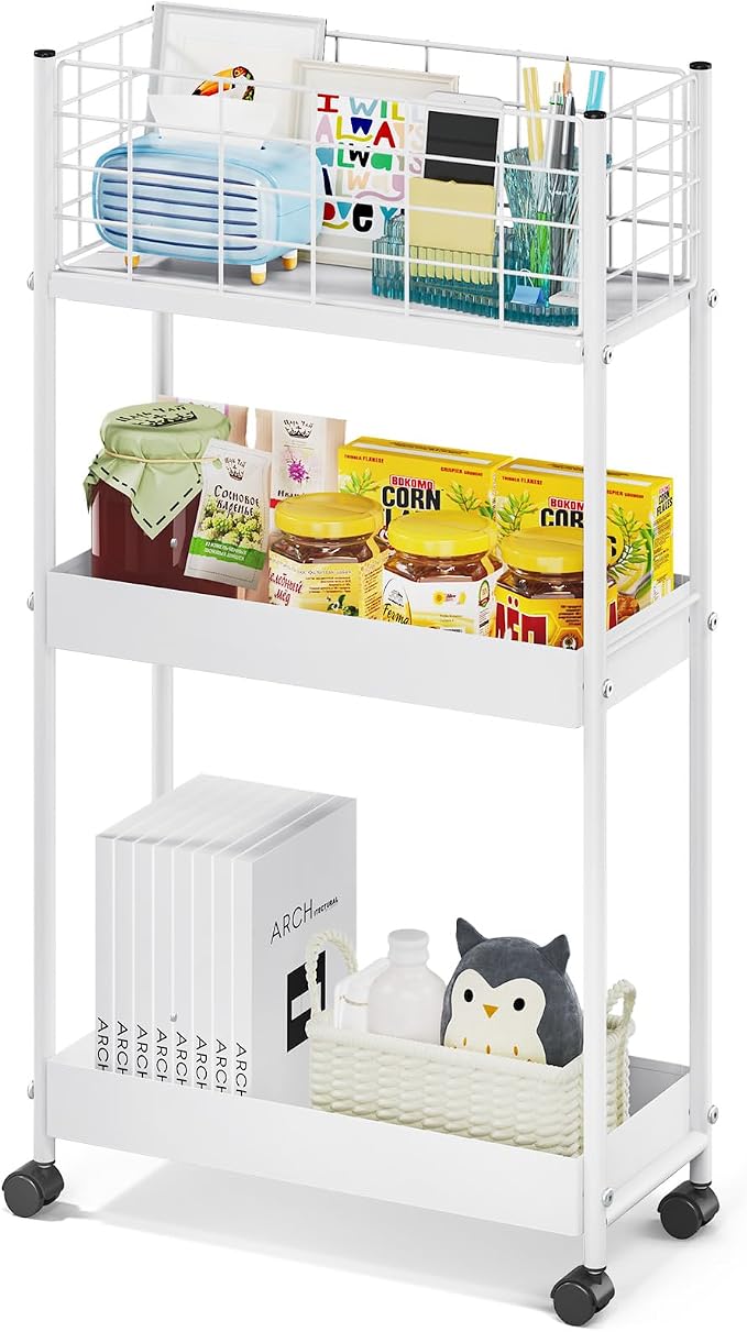 KINGRACK Slim Rolling Storage Cart 3 Tier - Heavy Duty Metal Utility Cart with Raised Edge & Wheels, Narrow Small Mobile Organizer Shelves for Bathroom, Kitchen, Laundry, Office, Living Room, White