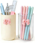 2 Pack Pen Pencil Holder for Desk, Acrylic Desk Organizer with Bow Clear Makeup Brush Holder Cup Desktop Stationery for Office School (Transparent+Beige)