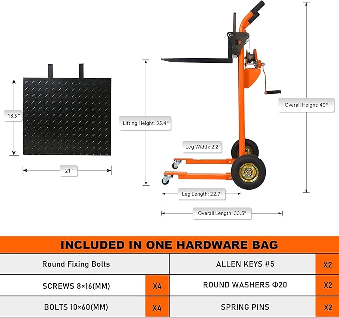 Tory Carrier Material Lift Winch Stacker, 440 lbs Capacity Pallet Stacker, 35.4" Lifting Height, Pallet Truck Dolly, Swivel Casters Lift Table Cart, Forklift with Steel Platform(Orange)