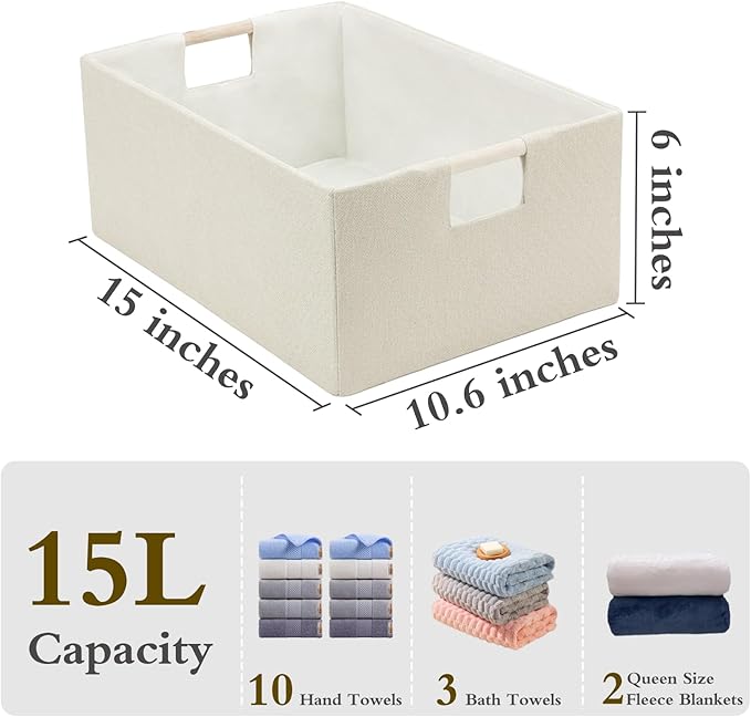 Foldable Fabric Storage Basket for Shelves, Linen Decorative Storage Bin with Wooden Handles, Small Organizer Cube for Closet, Rectangle Canvas Box for Organizing, Decor, 15x10.6x6 Inches (Beige)