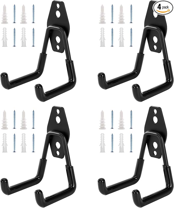 4 Pack Garage Hooks Heavy Duty, Garage Tool Organizer Wall Mount | Utility Organizer, Steel Utility Storage Hooks for Ladders, Garden Tools, Bike, Ropes, Bulk Items