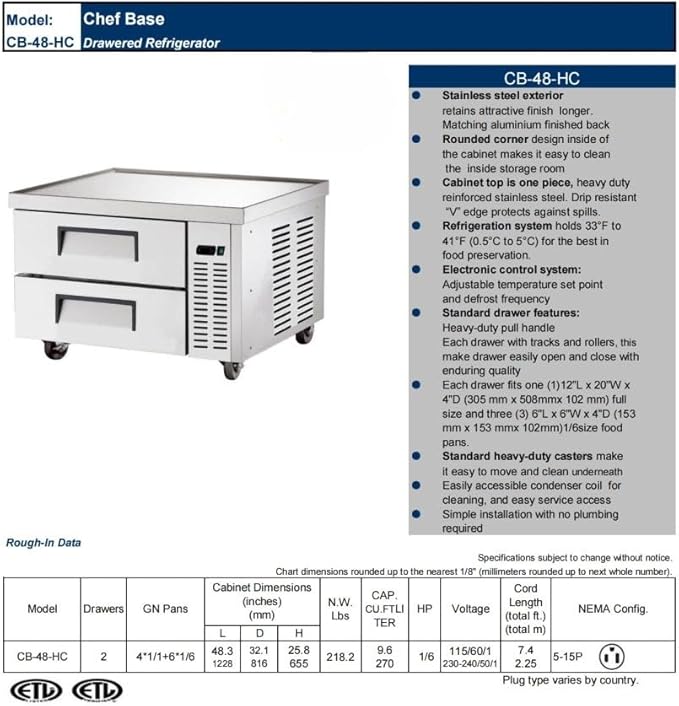 Commercial Chefs Base Refrigerator, ETL Fridge Cooler Merchandiser, 48" W Stainless Steel