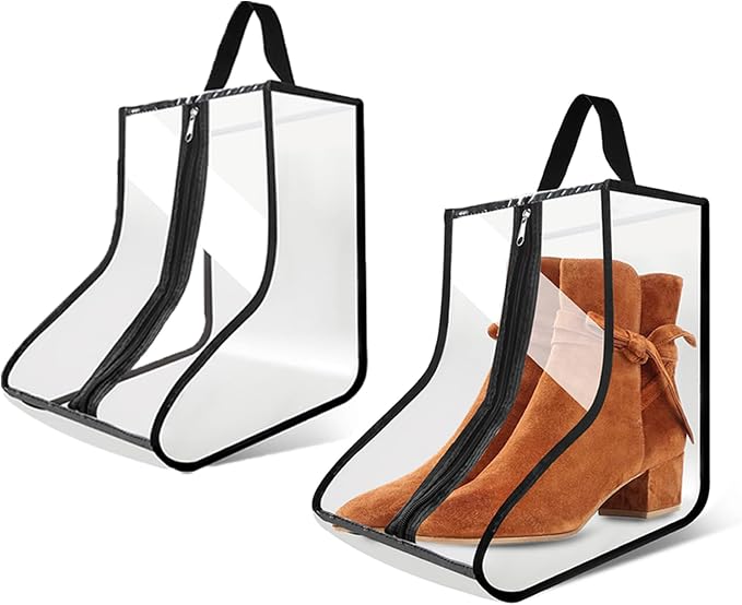 CiBiZi 2Pack Black Boot Bags Organizer for Travel Waterproof Cowboy Boots Bag Portable Shoe Travel Bag for Women Hangable Ski Boot Bag Dust-free Tall Boot Storage Bag (Clear)
