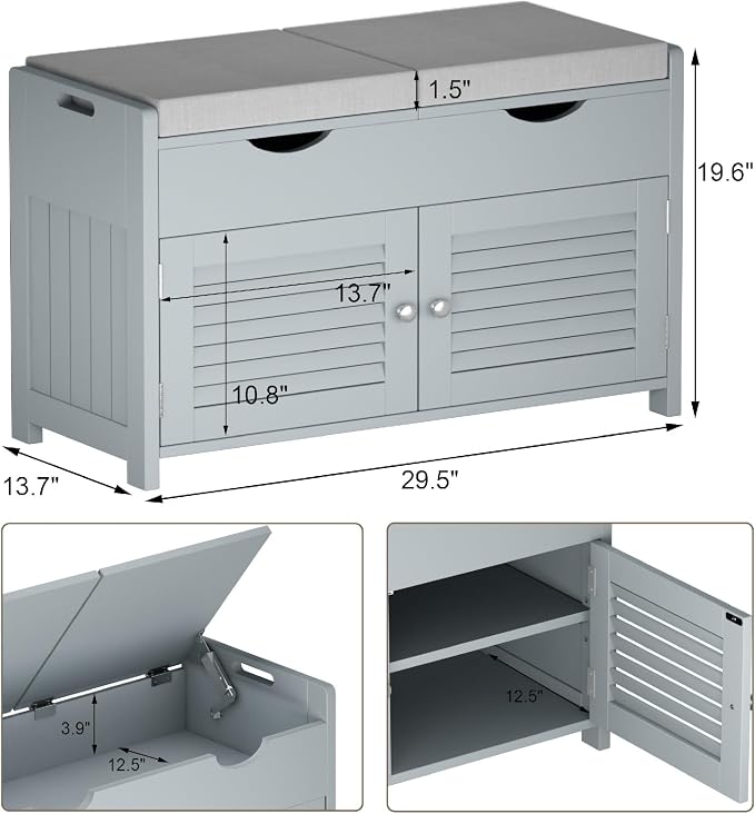 ChooChoo Shoe Storage Bench with Lift Top Storage & Cushioned Seats | 29.5" Entryway Bench with 3 Compartments & Adjustable Shelf, for Entryway, Grey