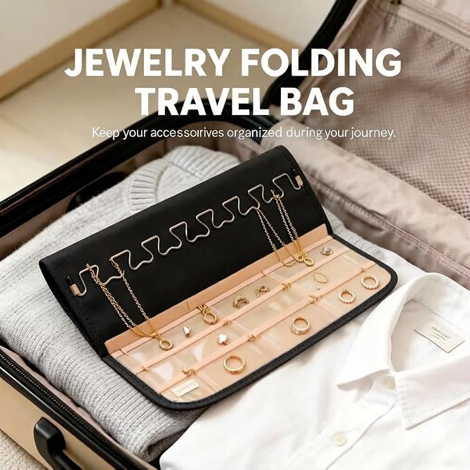 Hanging Jewelry Organizer, 1Pcs Large Double-Sided Jewelry Storage Roll with 48 Pockets and 21 Hooks for Necklaces Earrings Rings, Over the Door Jewelry Organizer with Hanger for Closet Wall