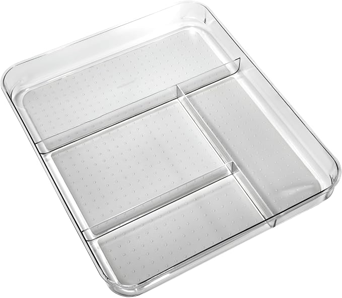 madesmart Premium 4 Compartment Drawer Organizer, Multi Purpose Storage for Utensils, Office Tools, Cords, & Small Household Items, Tech Accessories, Arts & Crafts Supplies, Non Slip Lining, Clear | rounded corners, nonslip feet, visible storage
