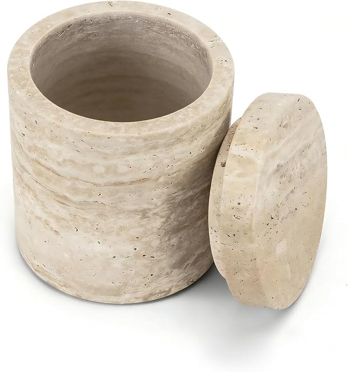 Natural Travertine Round Canister with Lid | Natural travertine canister for Q Tip, cotton rounds, balls, floss picks and short dry vanity items.