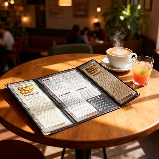 Goodsmart Restaurant Menu Covers – 25 Pack Black 6 Views Trifold, Side-Loading Menu Holders, Vinyl & Plastic Menu Covers, Clear Menu Sleeves, 8.5" x 14" & 4.25" x 14", Café Style with Gold Corners