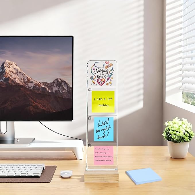 Sticky Note Holder, Monitor Memo Board, Acrylic Post It Note Holder with Wooden Base, Includes 100 Notes, Nurse Appreciation Desk Organizer， Nursing Quote “Nursing is a Work of Heart”