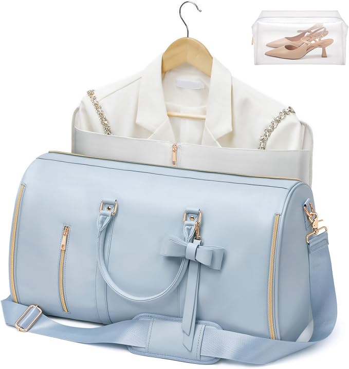 Travel Duffel Bag, Convertible Travel Garment Bag for Women, Fashion & Cute Carry On Duffle Bag w/Shoes Pouch, 2 in 1 Foldable PU Leather Hanging Duffle Bag, Single-Zipper Design, Blue
