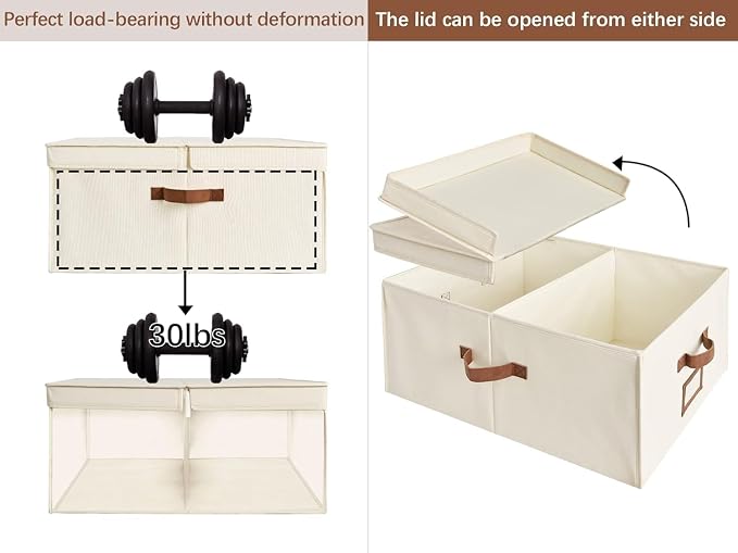 StorageWorks Extra Large Storage Bins with Double-Open Lid, 55L Fabric Baskets with Divider Board, Boxes for Clothes, Linen Closet Organizers with Handles, Ivory White, 2-Pack