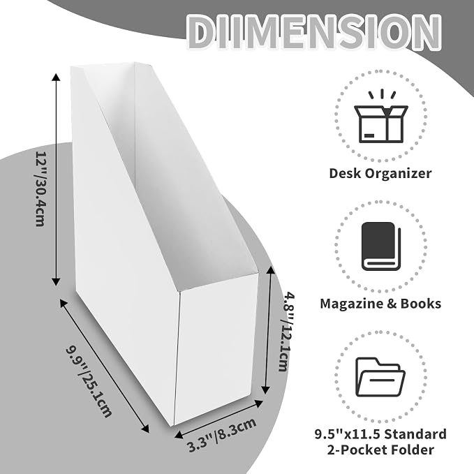 Rempry 12 Pack Magazine File Holders White, Foldable Cardboard Document Organizer Boxes with Labels, Space-Saving Storage for Office, Home, School (9.9"x3.3"x12")