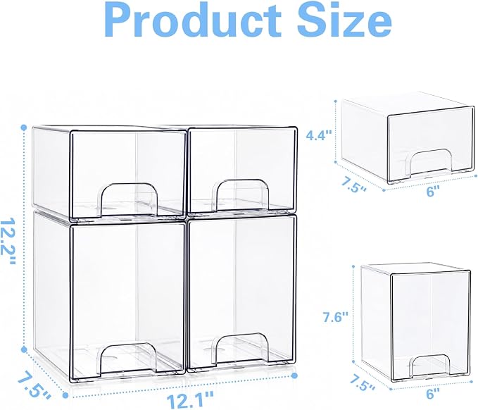 Baby Bottle Organizer, 4 Pack Clear Acrylic Stackable Storage Drawers, Baby Bottle Storage Organizer for Countertop, Nursery, Vanity & Cabinet