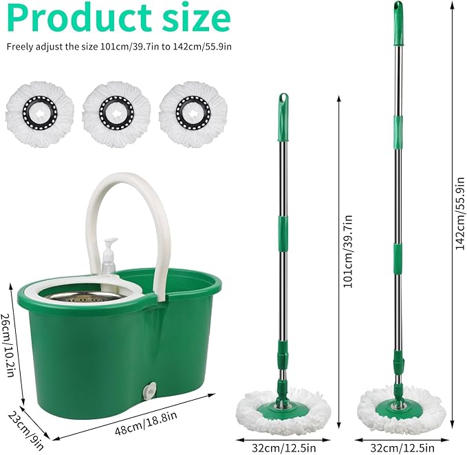 Spin Mop and Bucket, Mop and Bucket with Wringer Set 360° Spinning Mop with 3 Microfiber Mop Refills 61" Adjustable Handle for Floor Cleaning