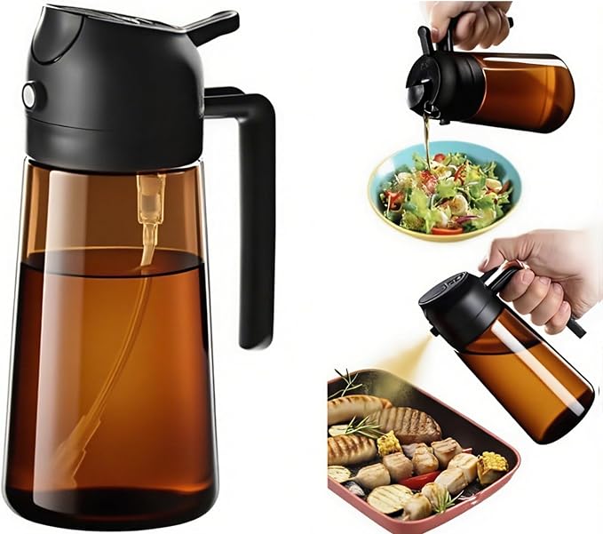 Oil Sprayer for Cooking 2 in 1, Olive Oil Dispenser for Kitchen Gadgets, 16oz/470ml Premium Light-Blocking Oil Bottle, Food-Grade Spray Bottle, for Salad, Air Fryer, BBQ