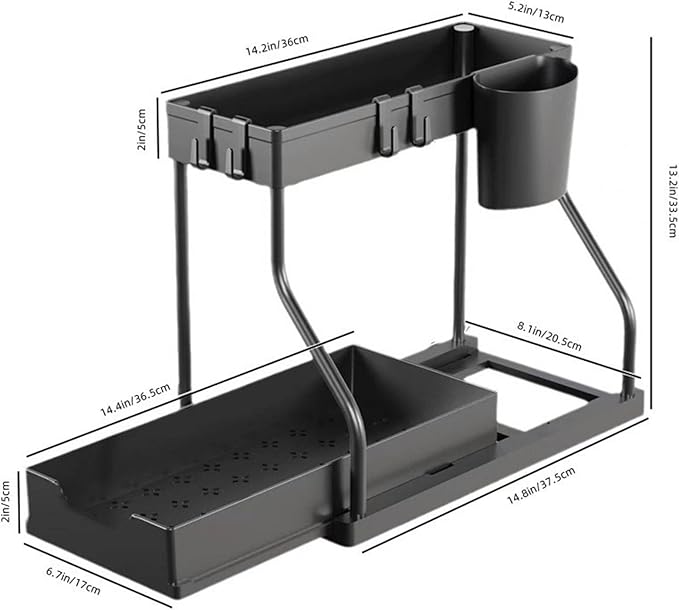 Under Sink Organizers and Storage, 2-Tier Sliding Cabinet Basket Organizer with Hooks, Multi-Purpose Under Sink Organizers and Storage for Bathroom Kitchen (White, 2 PCS)