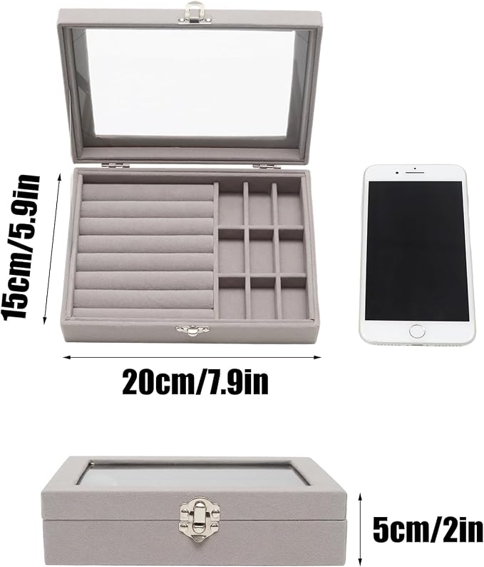 Small Velvet Jewelry Tray with Clear Lid, Lockable Ring Earring Holder Organizer Storage Box Case Jewelry Box Organizer for Rings Earrings Bracelets Brooches, 2-in-1 Gray