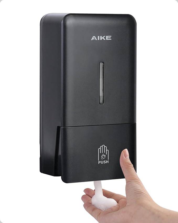 AIKE Foaming Commercial Soap Dispenser,27oz Capacity for Bathroom,Black | No-Drill and Screw Wall Mount Design for Space-Saving,Large Button and Capacity Dense Foam for Commercial Bathroom,AK1006F