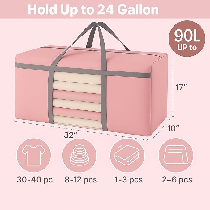 CIVJET 6 Pack Extra Large Moving Bags 90L with Clear Window, Heavy Duty Storage Totes with Zippers & Handles, College Packing Bags for Clothes, Boxes, Camping & Moving Supplies, Pink