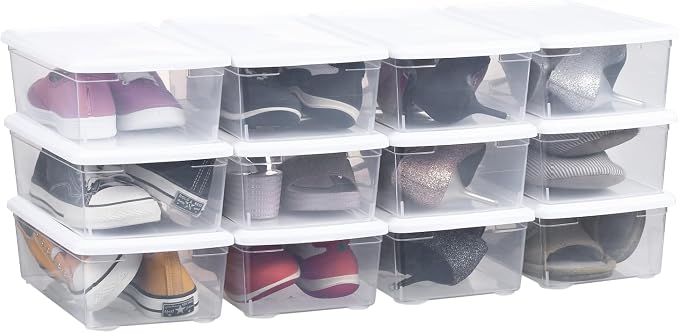 6 Quart Stackable Plastic Storage Shoebox, BPA-Free Nestable Container with Latching Lid to Organize Shoes, See-Through Box for Home and Office, Multi-Purpose Clear Bins (White, 12 Pack)