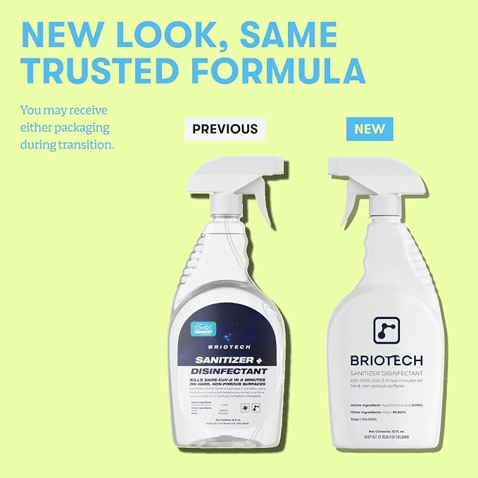 BRIOTECH Sanitizer Disinfectant Hypochlorous, Kill 99.99% of Viruses & Bacteria, Control Mold, Eliminate Odor, Gentle for Nursery & Play Rooms, Food Contact Surface Sanitizer, 1 Gallon Refill (4 Pack)