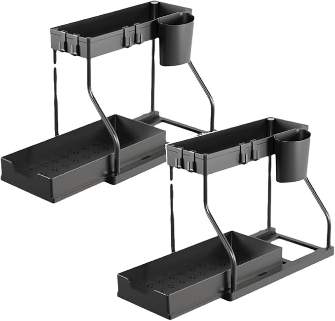 Under Sink Organizers and Storage, 2-Tier Sliding Cabinet Basket Organizer with Hooks, Multi-Purpose Under Sink Organizers and Storage for Bathroom Kitchen (Black, 2 PCS)