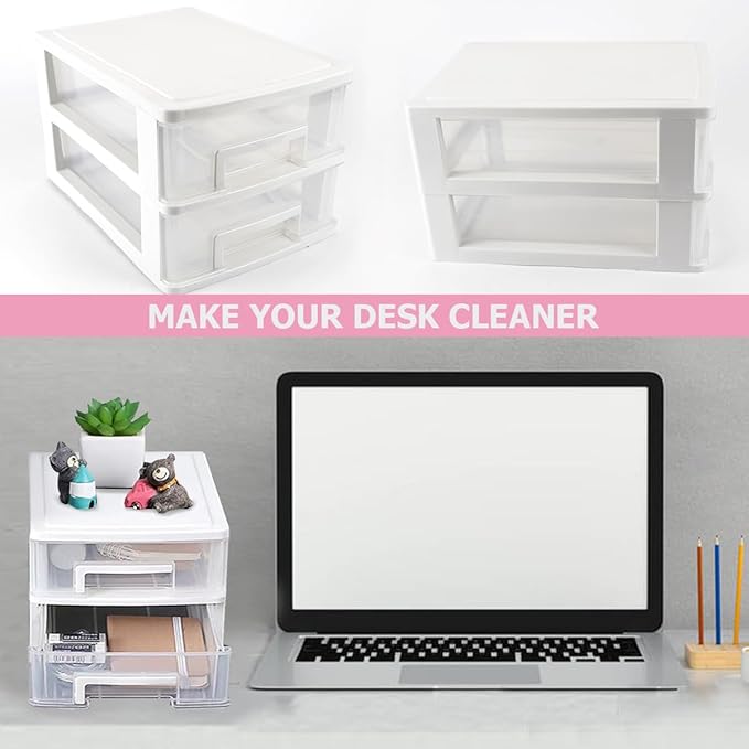 Plastic Desk Organizer,Desk Storage Box with 2 Drawers,Cosmetics Jewelry Storage Box Multifunction Storage Rack for Office School Home（White）