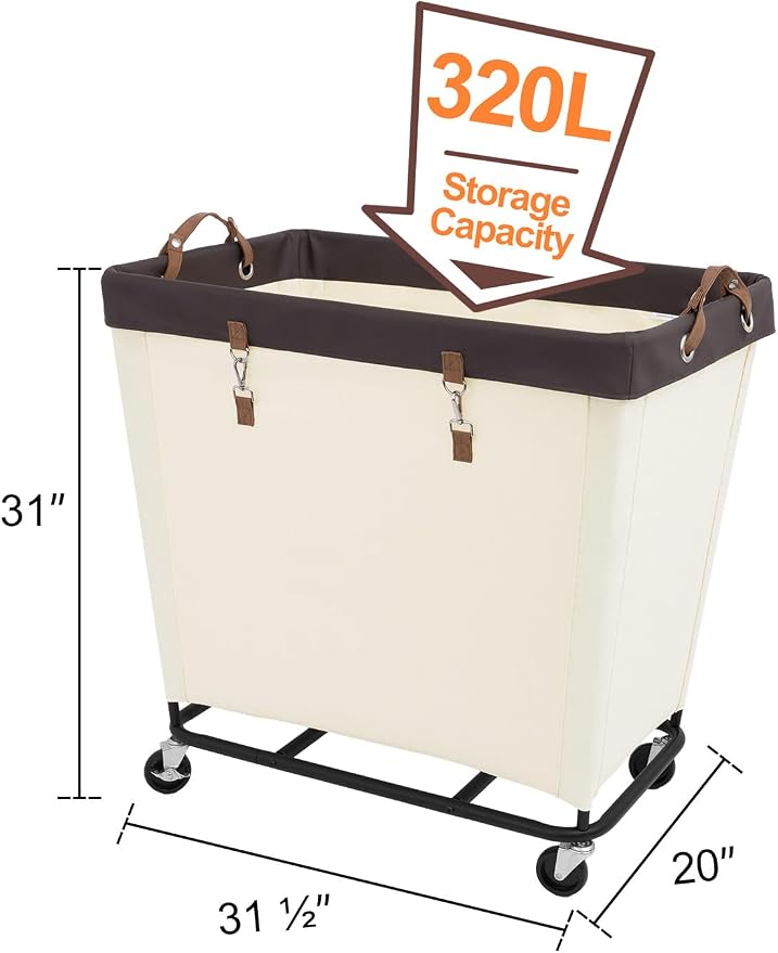 StorageWorks Laundry Basket with Wheels for Clothes, 320L Beige Hamper Cart