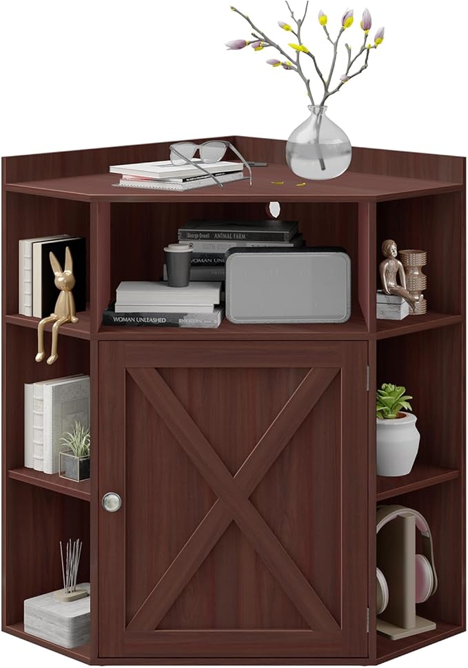 Halitaa Corner Storage Cabinet, Farmhouse Corner Bookshelf with Storage 6-Cubby Wooden Cabinet with USB Ports and Outlets Industrial Organizer for Small Space, Study, Playroom, Living Room