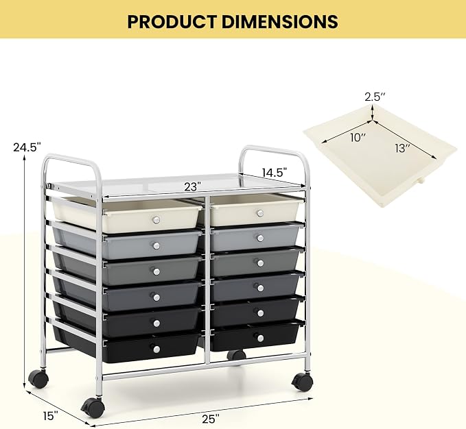 LDAILY 12 Drawer Rolling Storage Cart, Craft Cart Organizer on Wheels w/Metal Frame, Large Capacity & Smooth Drawer, Rolling Cart w/Drawers for Classroom, Office