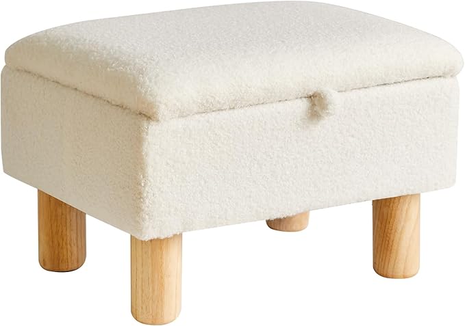 Aibiju Ottoman with Storage - Small Foot Rest for Couch 16x12x9.5inch, Safety Hinge Flip Top Stool Load up to 330lb for Living Room Dorm - Teddy White YD-JD136W