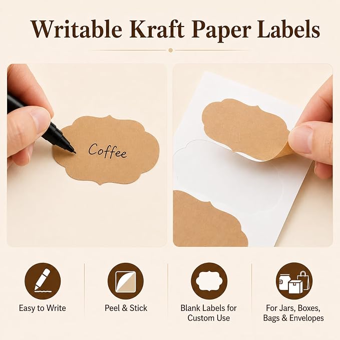 500 Pcs Kraft Paper Ingredients Label Stickers, 1.2 x 2 in Blank Gift Tag Stickers, Adhesive Labels to Write On, Labels for Jars, Storage Bins, Mason Jar Labels, Candle Labels