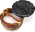 Wooden Salt Cellar Box with Marble Lid & Spoon, Modern Black Stone Salt or Pepper Sugar Spice Seasoning Bowl Container Jar Holder Well Keeper Dish Pig Crock for Kitchen