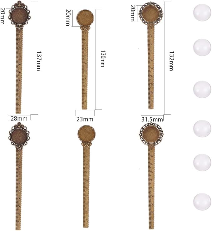SUNNYCLUE 12PC DIY 6 Sets Ruler Pendant Tray Kit Round Cabochon Setting Blanks with Clear Domed Glass Cabochon for Alloy Bookmark Making, Antique Bronze