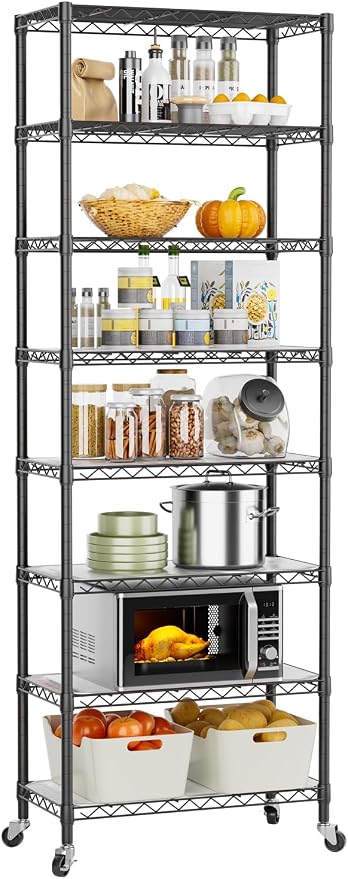 Golpart Shelves Storage Shelf Wire Closet Bathroom Organizers Metal Pantry | 8 tier Kitchen Garage Shelving Unit Laundry Room Organization Home Rack Net Basket Black with Wheels 11.7”D X 22”W X 74.2”H