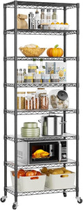 Golpart Shelves Storage Shelf Wire Closet Bathroom Organizers Metal Pantry | 8 tier Kitchen Garage Shelving Unit Laundry Room Organization Home Rack Net Basket Black with Wheels 11.7”D X 22”W X 74.2”H