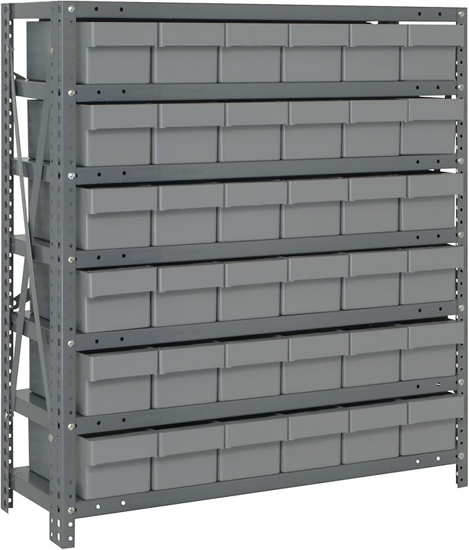 Quantum Storage Systems 1839-602GY Solid Heavy Duty 7 Shelves 36 Super Tuff Euro Gray Bins 39" H x 36" W x 18" D