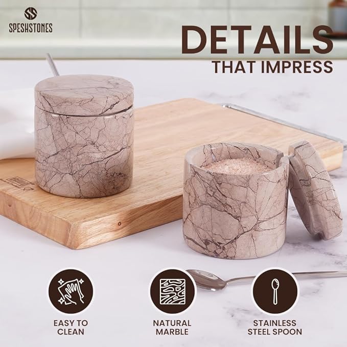 Marble Salt Cellar 3 Inch Marinara Salt Shakers Set for Kitchen, Salt Containers for Countertop, Sugar Bowl With Lid, Salt Holder, Spice Jars for Seasoning Storage, Salt Box