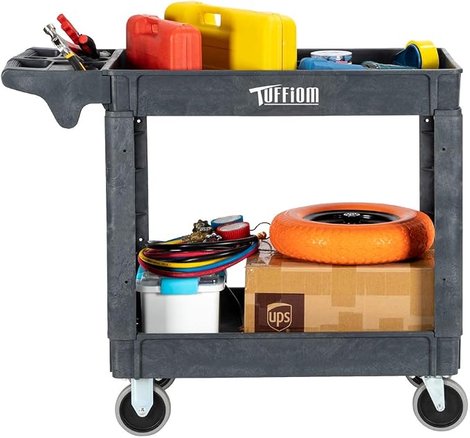 TUFFIOM Plastic Service Utility Cart with Wheels,550lbs Capacity,Heavy Duty Tub Storage Cart W/Deep Shelves, Multipurpose Rolling 2-Tier Mobile Storage Organizer, for Warehouse Garage Industrial Cart