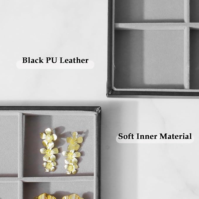 Large Jewelry Organizer Tray 2 Pack, Stackable Jewelry Storage Holder for Drawer Inserts, PU Leather Velvet Jewellery Display Case for Earring Bracelet Necklace Ring (Black Gray, 12 Grids)