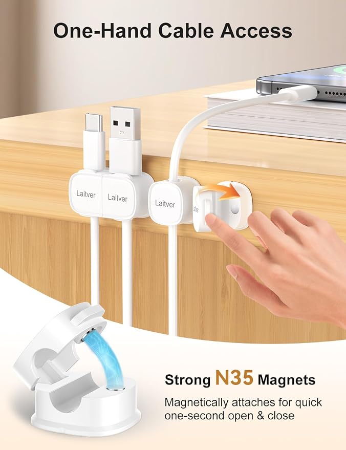 6 Pack Magnetic Cable Clips [1s Open/Lock], Cord Organizer Holder | Strong Adhesive Desk Cable Management- Organize Charging Cords Neatly for Home, Office, Car,Desk, Nightstand