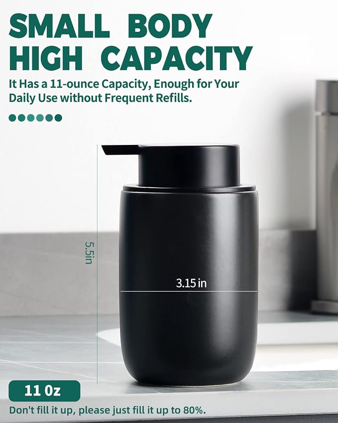 BosilunLife Black Foam Soap Dispenser, Hand Pump Dispenser for Kitchen Sink | Ceramic Foaming Hand Wash Dispenser for Bathroom Modern Farmhouse Small Soap Dispenser Lotion