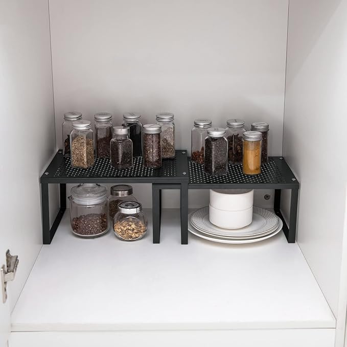 NEX Kitchen Cabinet and Counter Shelf Organizer, Expandable & Stackable, Black