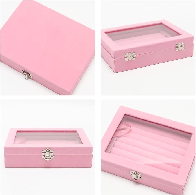 Small Velvet Jewelry Tray with Clear Lid, Lockable Ring Earring Holder Organizer Storage Box Case Jewelry Box Organizer for Rings Earrings Bracelets Brooches, 8 Rolls Pink