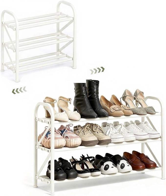3-Tier Shoe Rack for Closet, 16"-32" Expandable Shoe Rack Adjustable for Entryway Closet Doorway Sturdy Metal, White