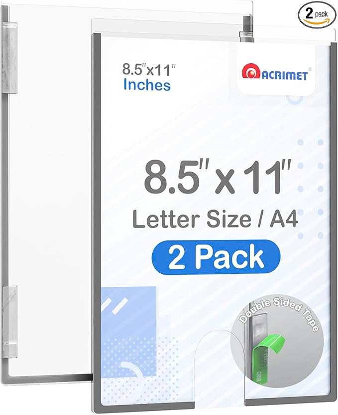Acrimet Wall Mount Sign Holder Letter Size 8.5 X 11, Clear Crystal Plastic with Self Adhesive on The Back, Perfect for Displaying in Office, Restaurant, School, Home (2 Pack)