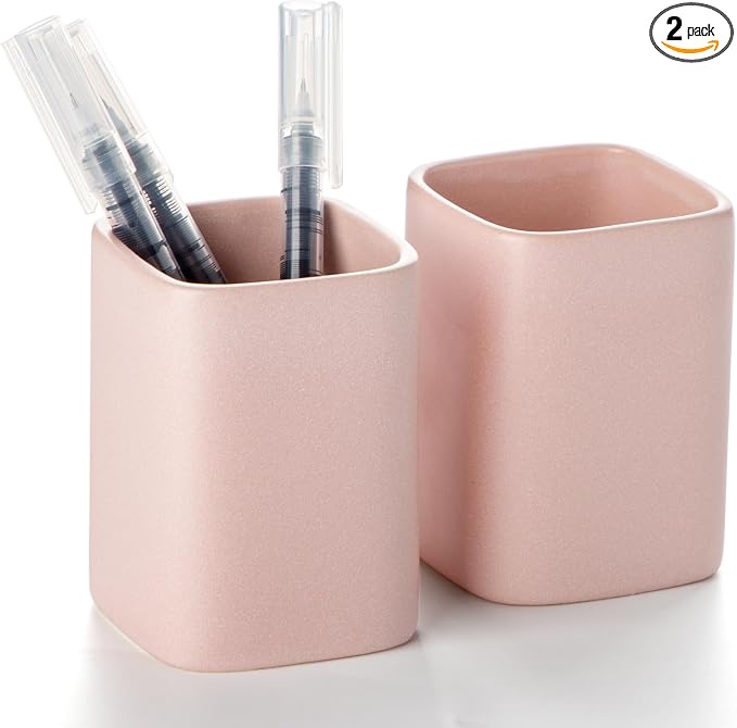 Ceramic Pen Holder Set of 2, Matte Square Pencil Cup for Desk, Heavyweight Stoneware Desk Organizer for Office Front Desk & Vanity, Modern Pen Cups Holder, Non-Slip Base - Matte pink