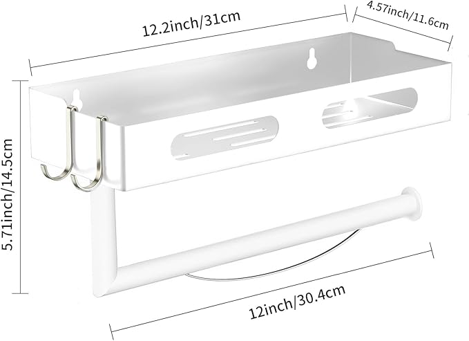 Paper Towel Holder Wall Mount for Kitchen, Paper Towel Holder with Shelf for Bathroom, RV Paper Towel Rack with 2 Hooks, White