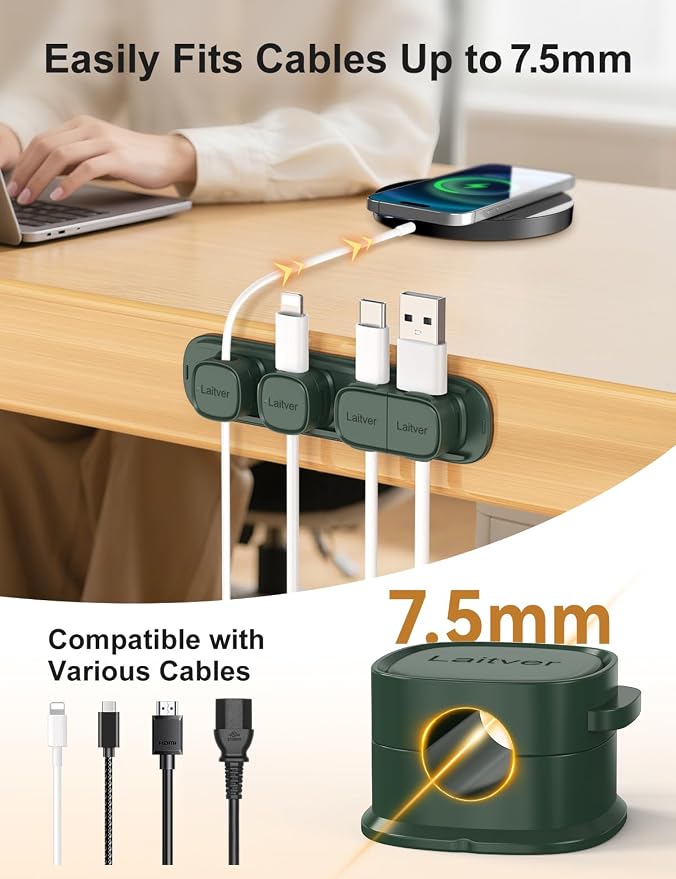 6 Pack Magnetic Cable Clips [1s Open/Lock], Cord Organizer Holder | Strong Adhesive Desk Cable Management- Organize Charging Cords Neatly for Home, Office, Car,Desk, Nightstand-Dark Green